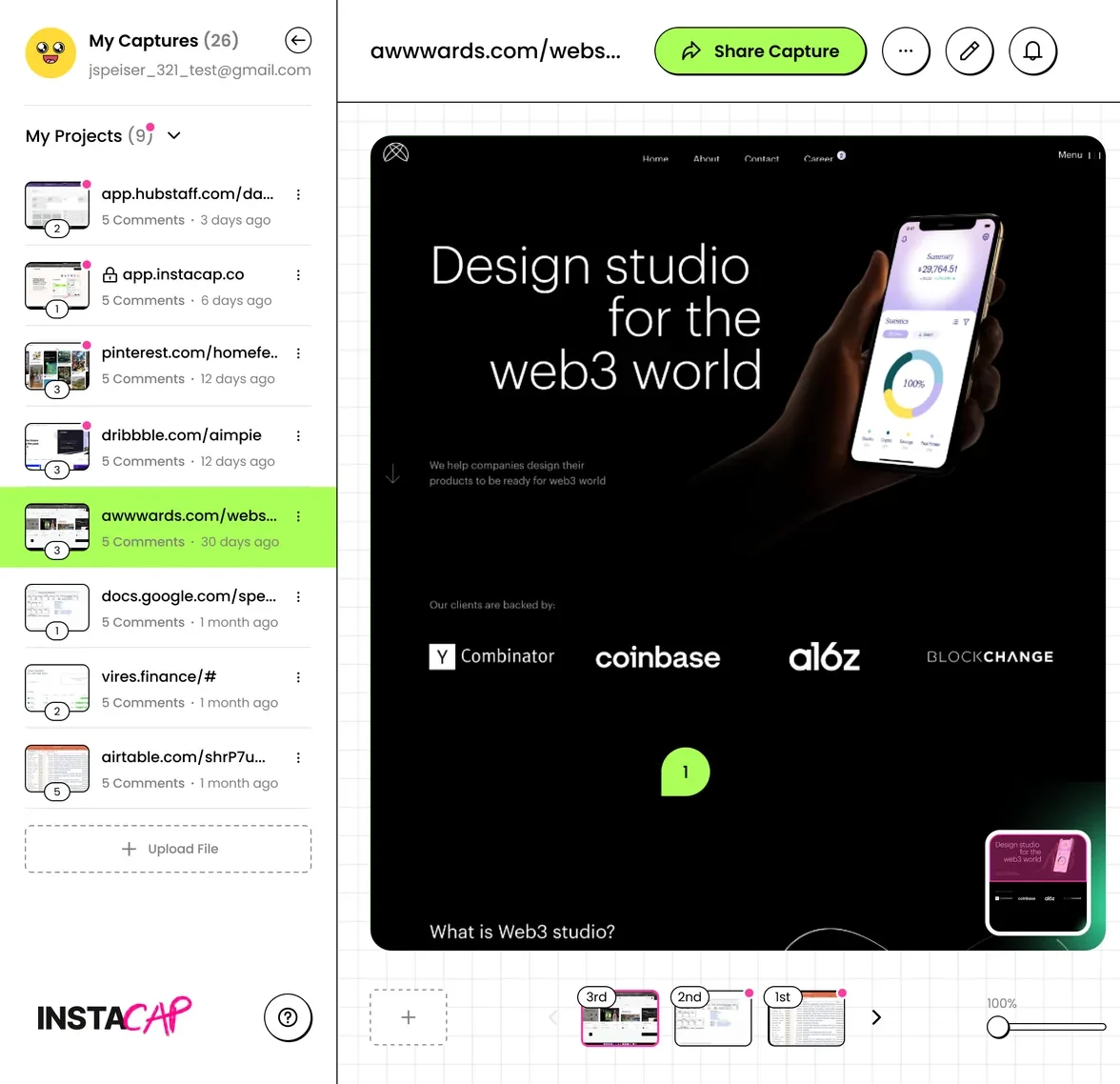 INSTACAP workspace — a capture ready for pinning