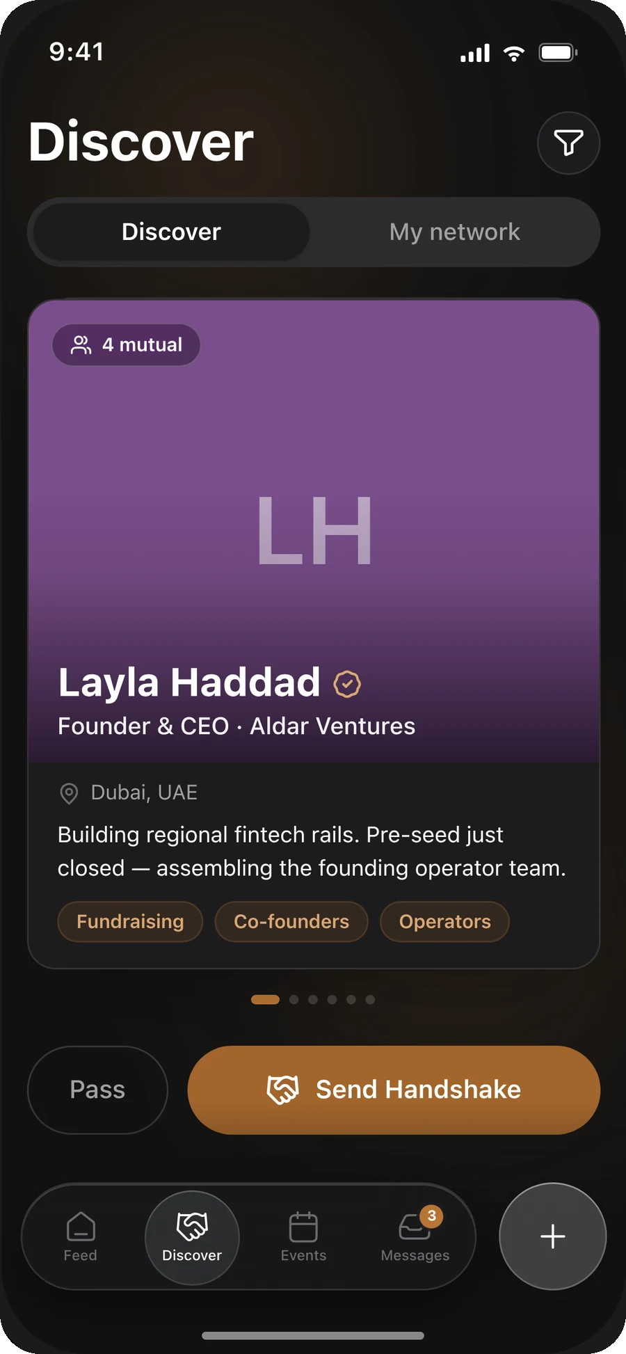 Levelution — Discover: one profile at a time, send handshake or pass