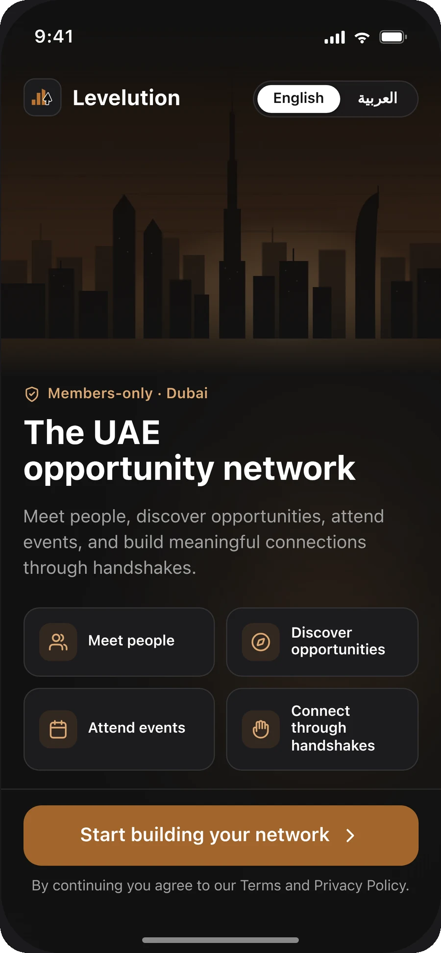 Levelution — welcome screen: the UAE opportunity network over an evening Dubai skyline